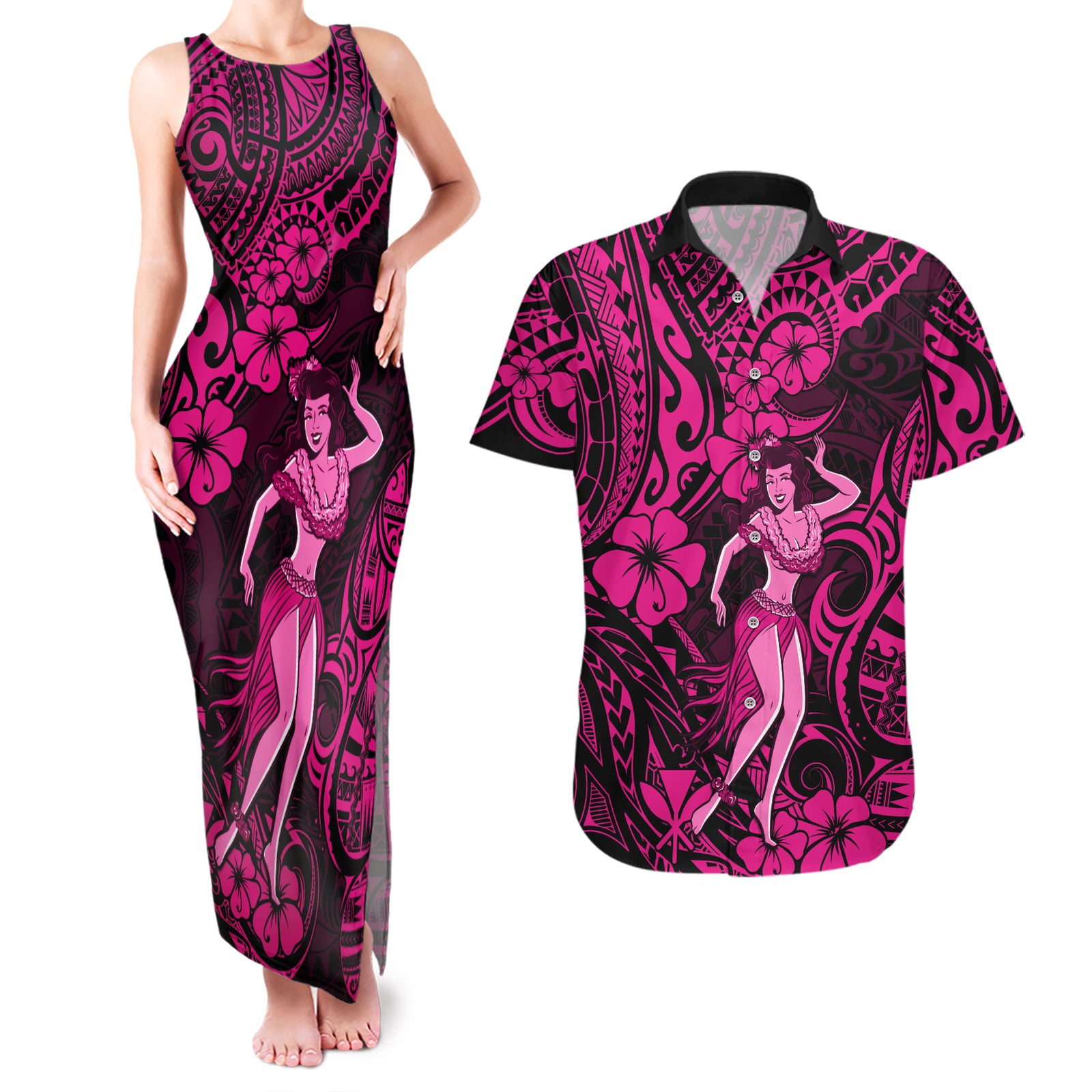 Hawaii Hula Girl Couples Matching Tank Maxi Dress and Hawaiian Shirt Polynesian Pattern Pink Version LT01 Pink - Polynesian Pride