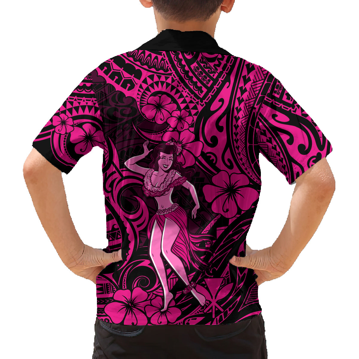 Hawaii Hula Girl Family Matching Off Shoulder Long Sleeve Dress and Hawaiian Shirt Polynesian Pattern Pink Version LT01 - Polynesian Pride
