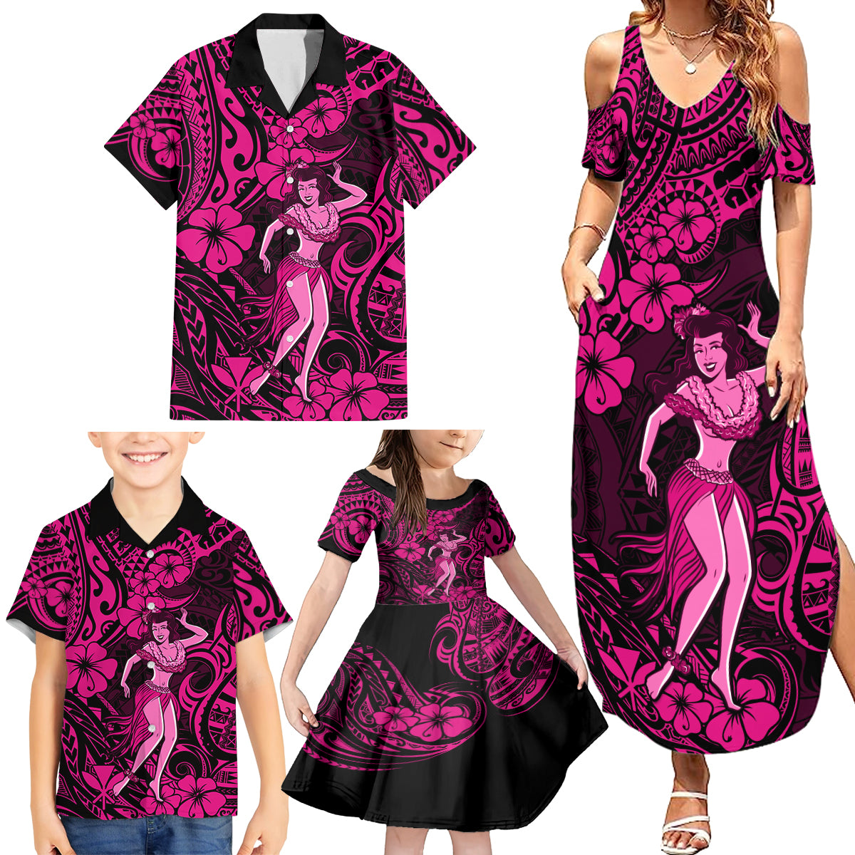 Hawaii Hula Girl Family Matching Summer Maxi Dress and Hawaiian Shirt Polynesian Pattern Pink Version LT01 - Polynesian Pride