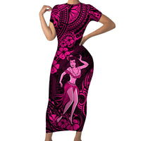 Hawaii Hula Girl Short Sleeve Bodycon Dress Polynesian Pattern Pink Version LT01 Long Dress Pink - Polynesian Pride