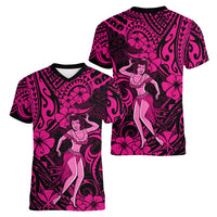 Hawaii Hula Girl Women V Neck T Shirt Polynesian Pattern Pink Version LT01 - Polynesian Pride