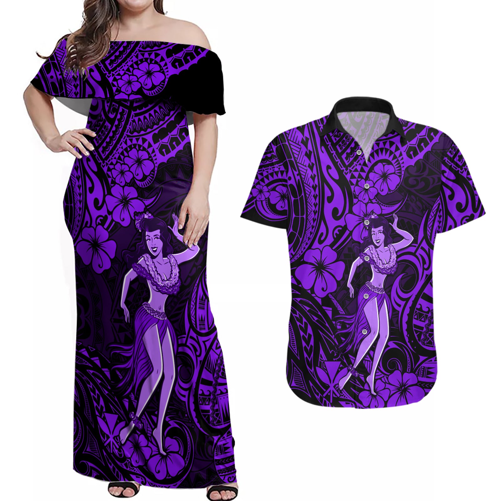 Hawaii Hula Girl Couples Matching Off Shoulder Maxi Dress and Hawaiian Shirt Hibiscus Hawaii Tribal Tattoo Purple Version LT01 Purple - Polynesian Pride