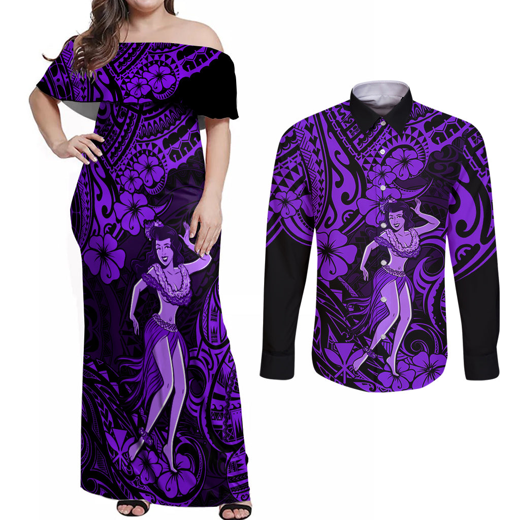 Hawaii Hula Girl Couples Matching Off Shoulder Maxi Dress and Long Sleeve Button Shirts Hibiscus Hawaii Tribal Tattoo Purple Version LT01 Purple - Polynesian Pride
