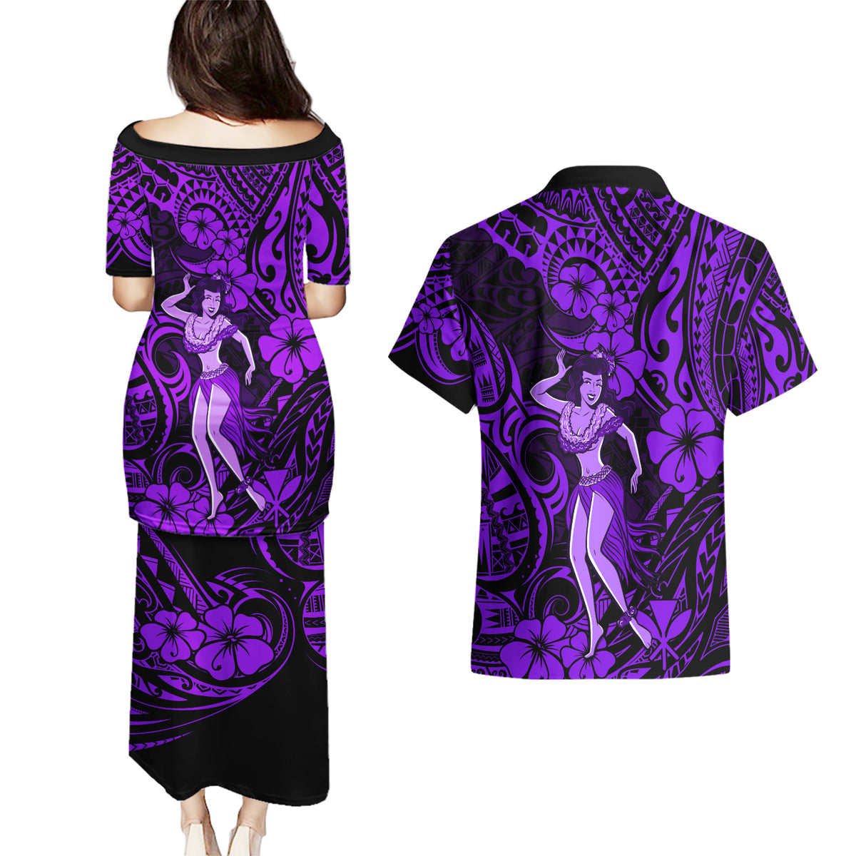 Hawaii Hula Girl Couples Matching Puletasi Dress and Hawaiian Shirt Hibiscus Hawaii Tribal Tattoo Purple Version LT01 - Polynesian Pride