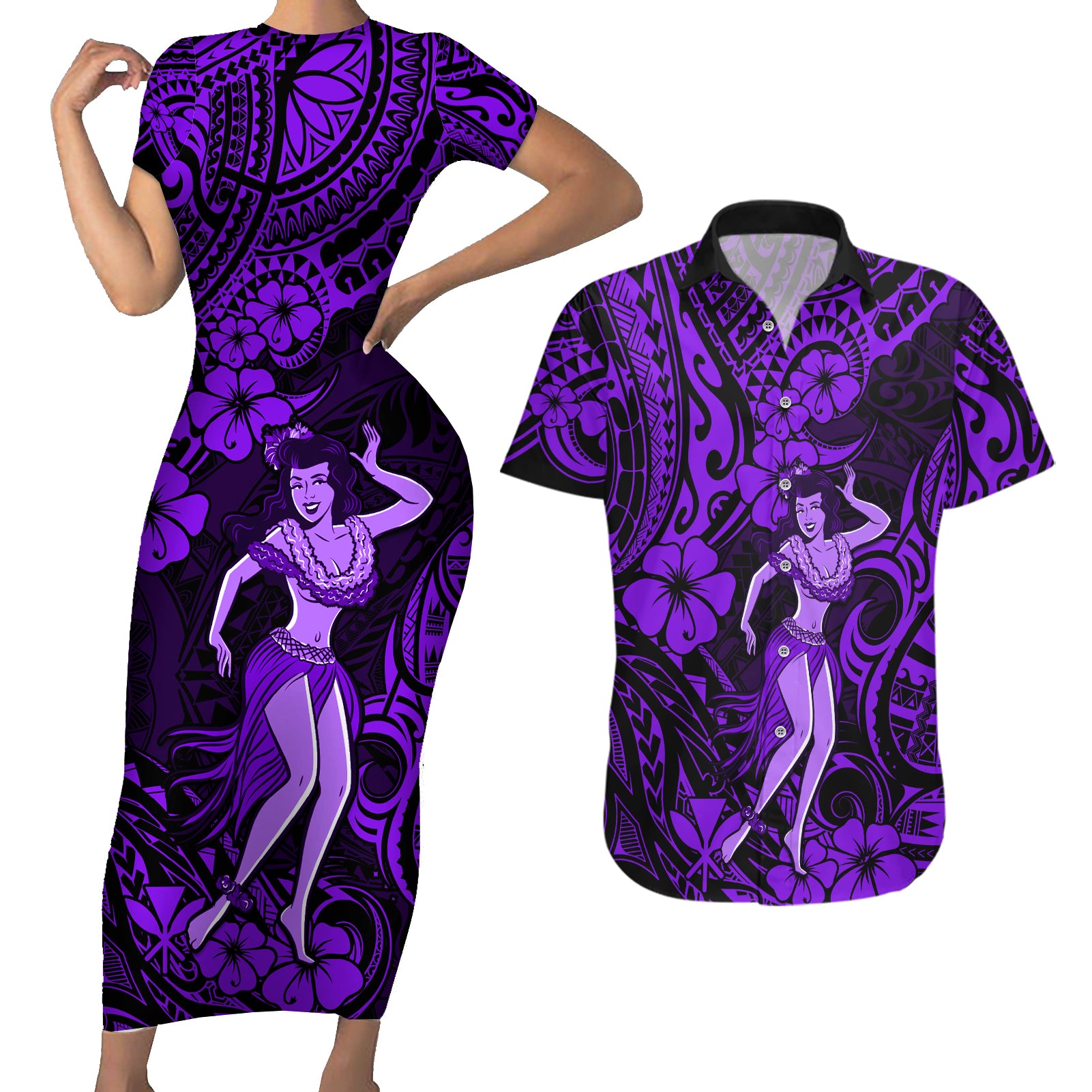 Hawaii Hula Girl Couples Matching Short Sleeve Bodycon Dress and Hawaiian Shirt Hibiscus Hawaii Tribal Tattoo Purple Version LT01 Purple - Polynesian Pride