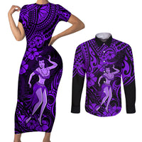 Hawaii Hula Girl Couples Matching Short Sleeve Bodycon Dress and Long Sleeve Button Shirts Hibiscus Hawaii Tribal Tattoo Purple Version LT01 Purple - Polynesian Pride