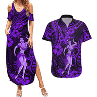 Hawaii Hula Girl Couples Matching Summer Maxi Dress and Hawaiian Shirt Hibiscus Hawaii Tribal Tattoo Purple Version LT01 Purple - Polynesian Pride