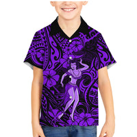 Hawaii Hula Girl Family Matching Mermaid Dress and Hawaiian Shirt Hibiscus Hawaii Tribal Tattoo Purple Version LT01 Son's Shirt Purple - Polynesian Pride