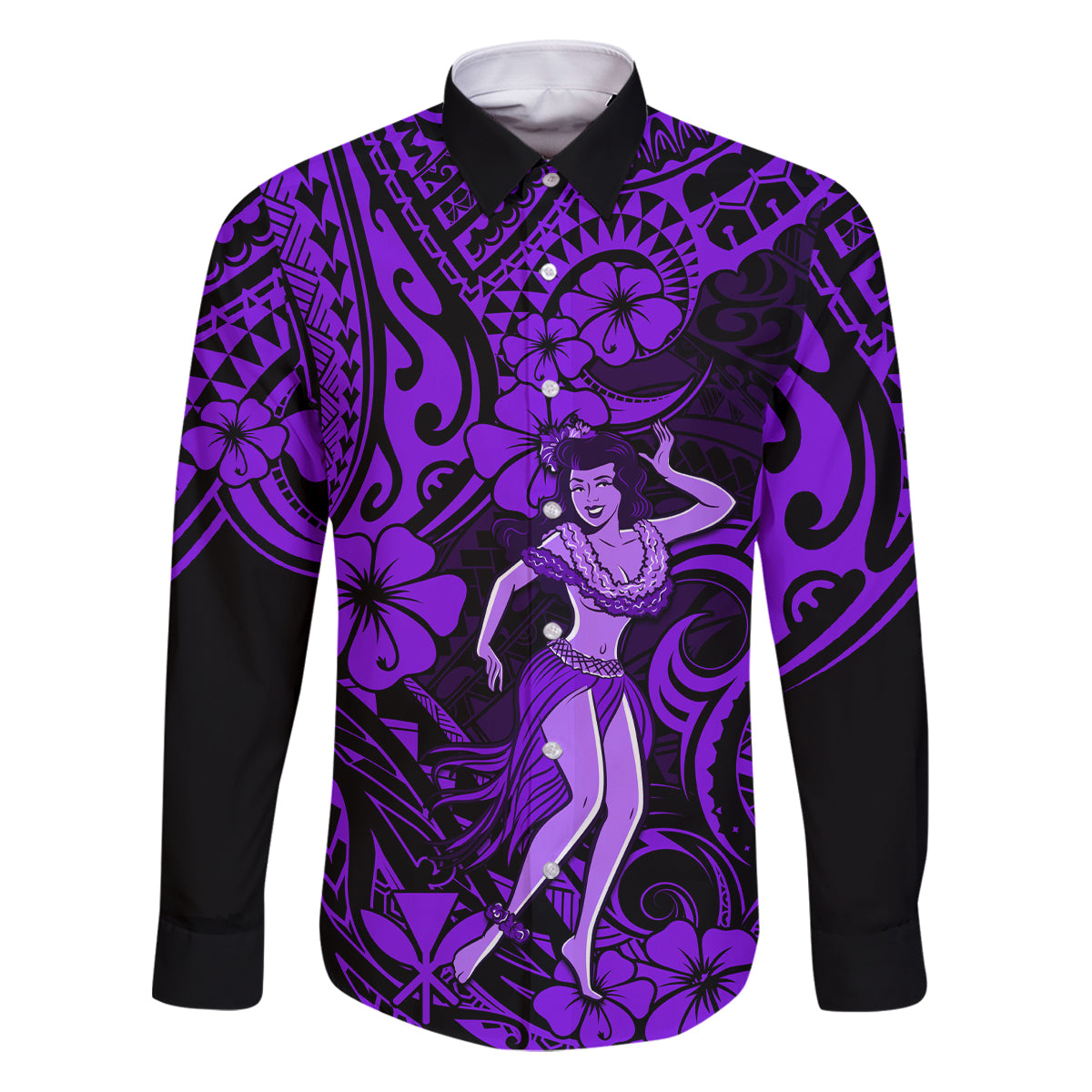 Hawaii Hula Girl Family Matching Puletasi Dress and Hawaiian Shirt Hibiscus Hawaii Tribal Tattoo Purple Version LT01 Dad's Shirt - Long Sleeve Purple - Polynesian Pride