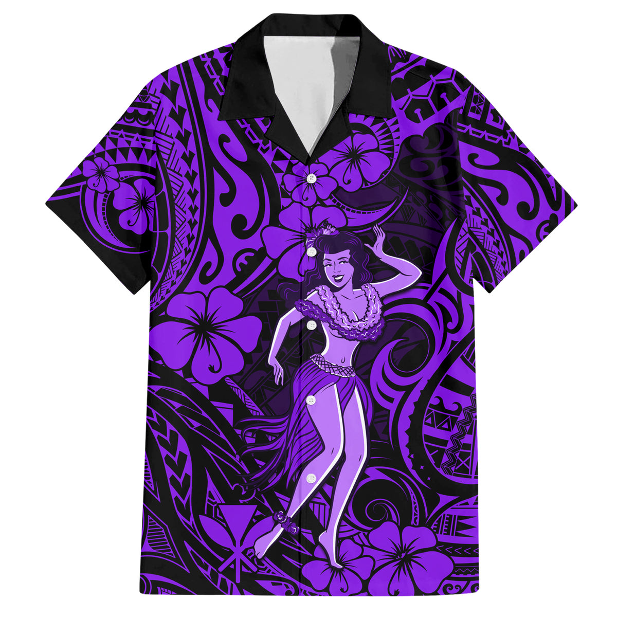 Hawaii Hula Girl Family Matching Short Sleeve Bodycon Dress and Hawaiian Shirt Hibiscus Hawaii Tribal Tattoo Purple Version LT01 Dad's Shirt - Short Sleeve Purple - Polynesian Pride