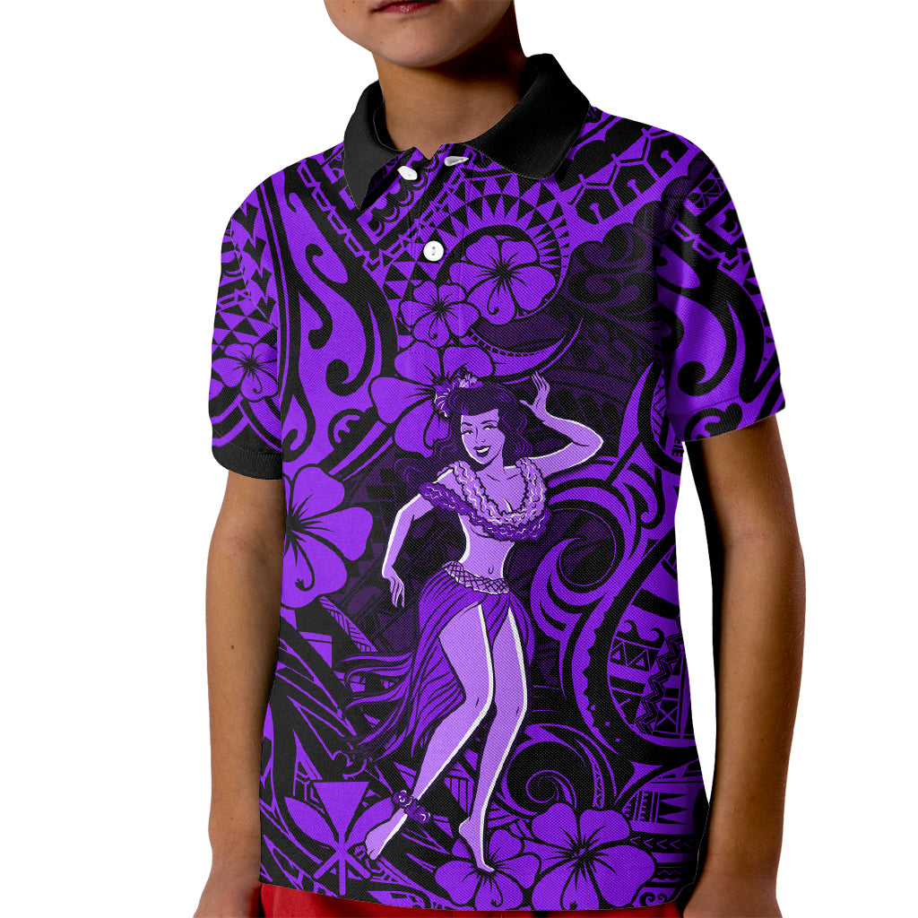 Hawaii Hula Girl Kid Polo Shirt Hibiscus Hawaii Tribal Tattoo Purple Version LT01 Kid Purple - Polynesian Pride