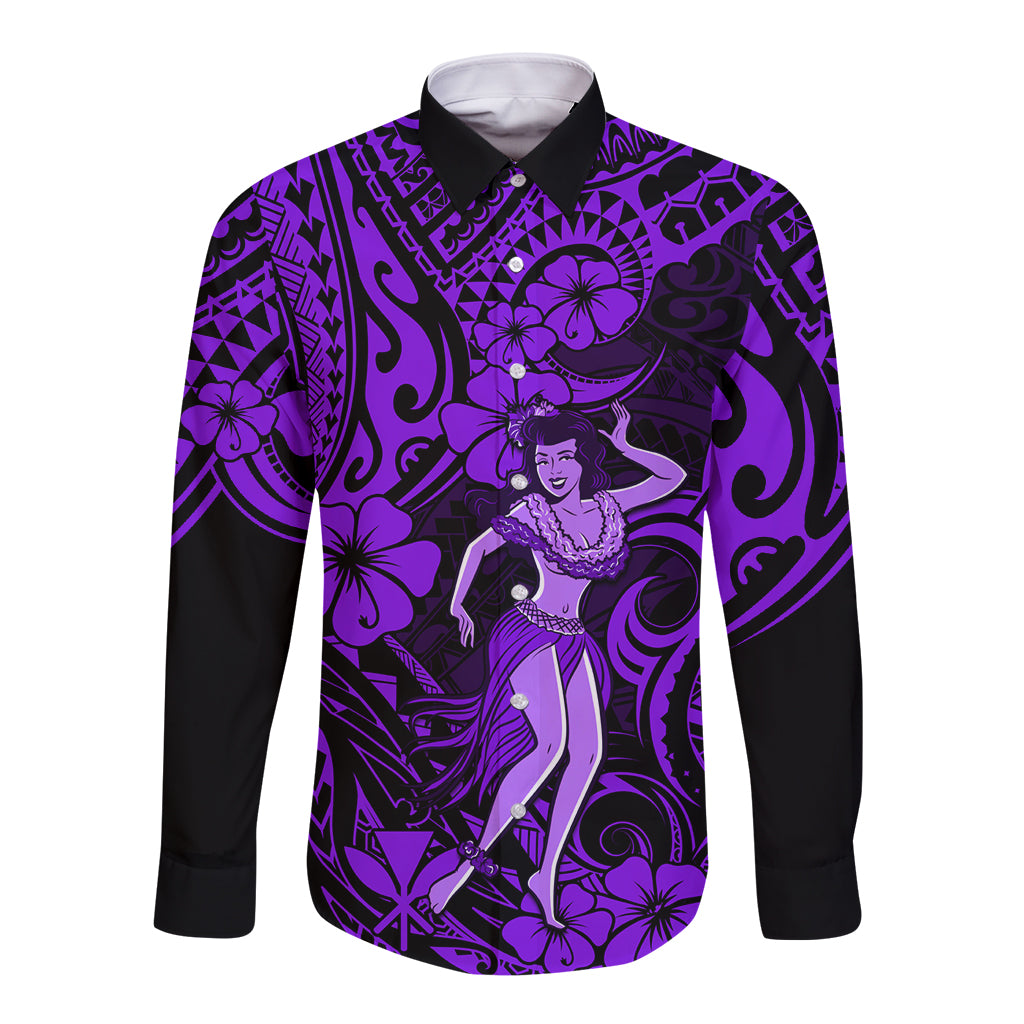 Hawaii Hula Girl Long Sleeve Button Shirt Hibiscus Hawaii Tribal Tattoo Purple Version LT01 Unisex Purple - Polynesian Pride