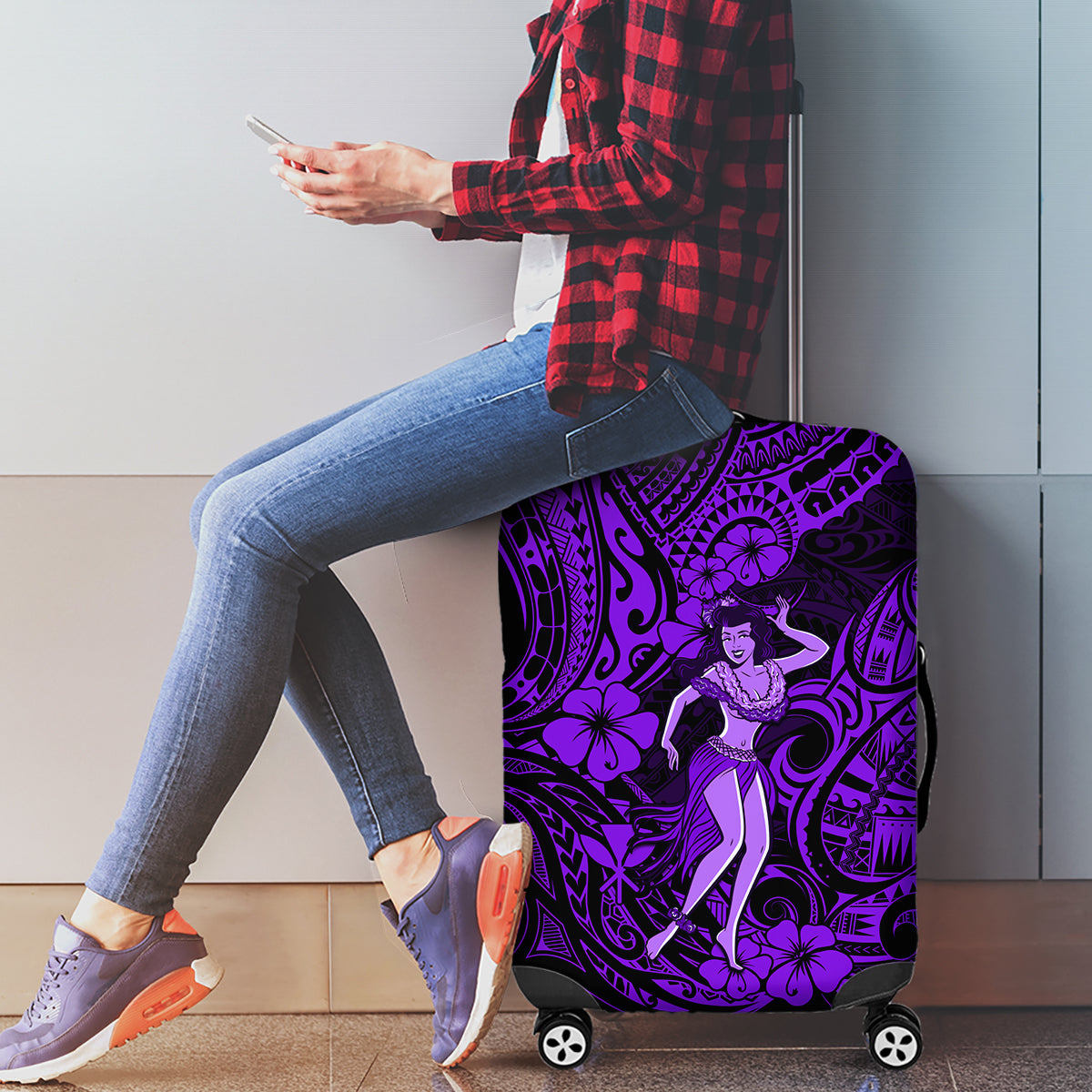 Hawaii Hula Girl Luggage Cover Hibiscus Hawaii Tribal Tattoo Purple Version LT01 - Polynesian Pride
