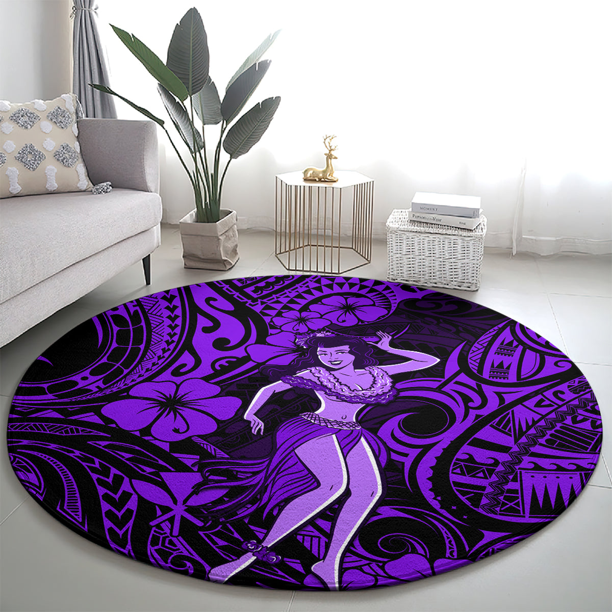 Hawaii Hula Girl Round Carpet Hibiscus Hawaii Tribal Tattoo Purple Version LT01 - Polynesian Pride