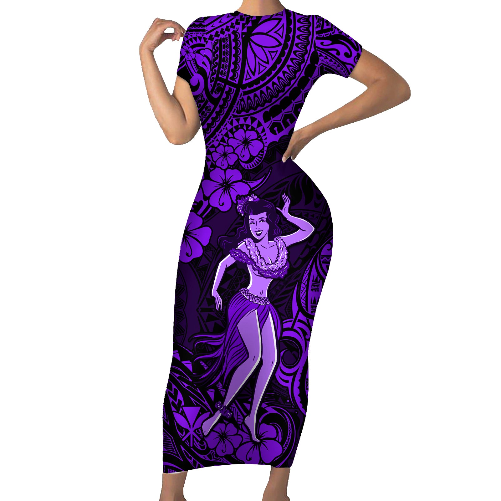 Hawaii Hula Girl Short Sleeve Bodycon Dress Hibiscus Hawaii Tribal Tattoo Purple Version LT01 Long Dress Purple - Polynesian Pride
