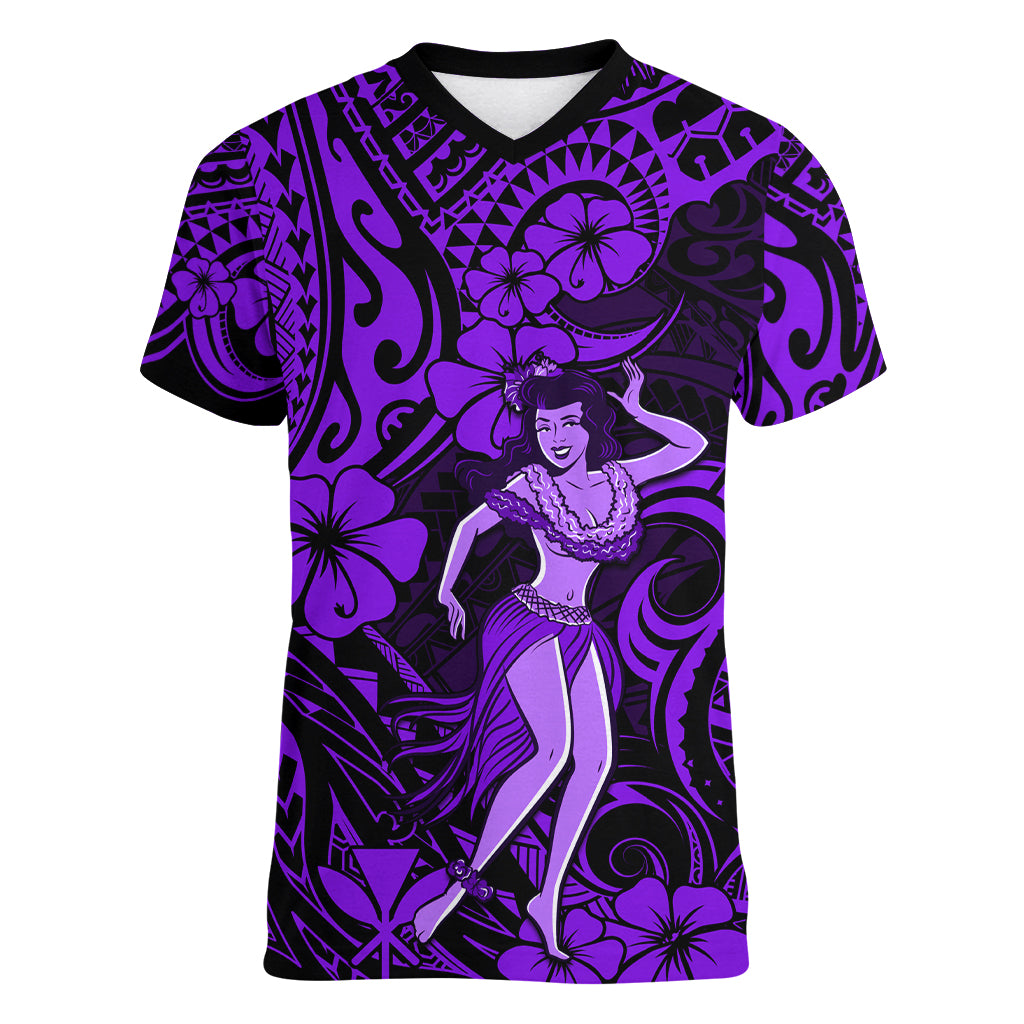 Hawaii Hula Girl Women V Neck T Shirt Hibiscus Hawaii Tribal Tattoo Purple Version LT01 Female Purple - Polynesian Pride