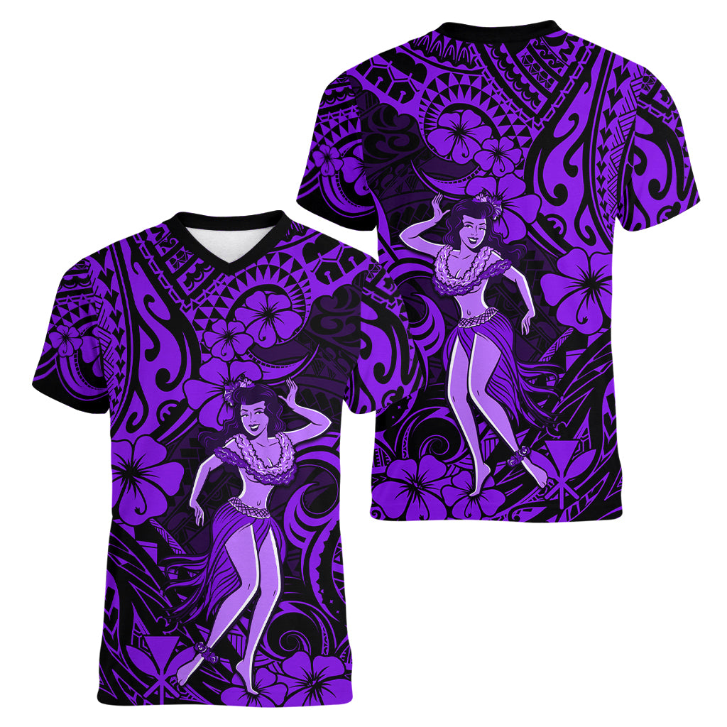Hawaii Hula Girl Women V Neck T Shirt Hibiscus Hawaii Tribal Tattoo Purple Version LT01 - Polynesian Pride