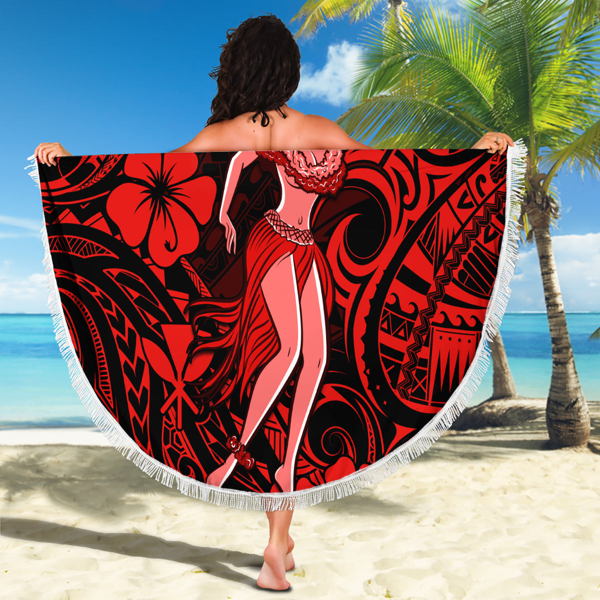 Hawaii Hula Girl Beach Blanket Hibiscus Hawaii Tribal Tattoo Red Version LT01 - Wonder Print Shop