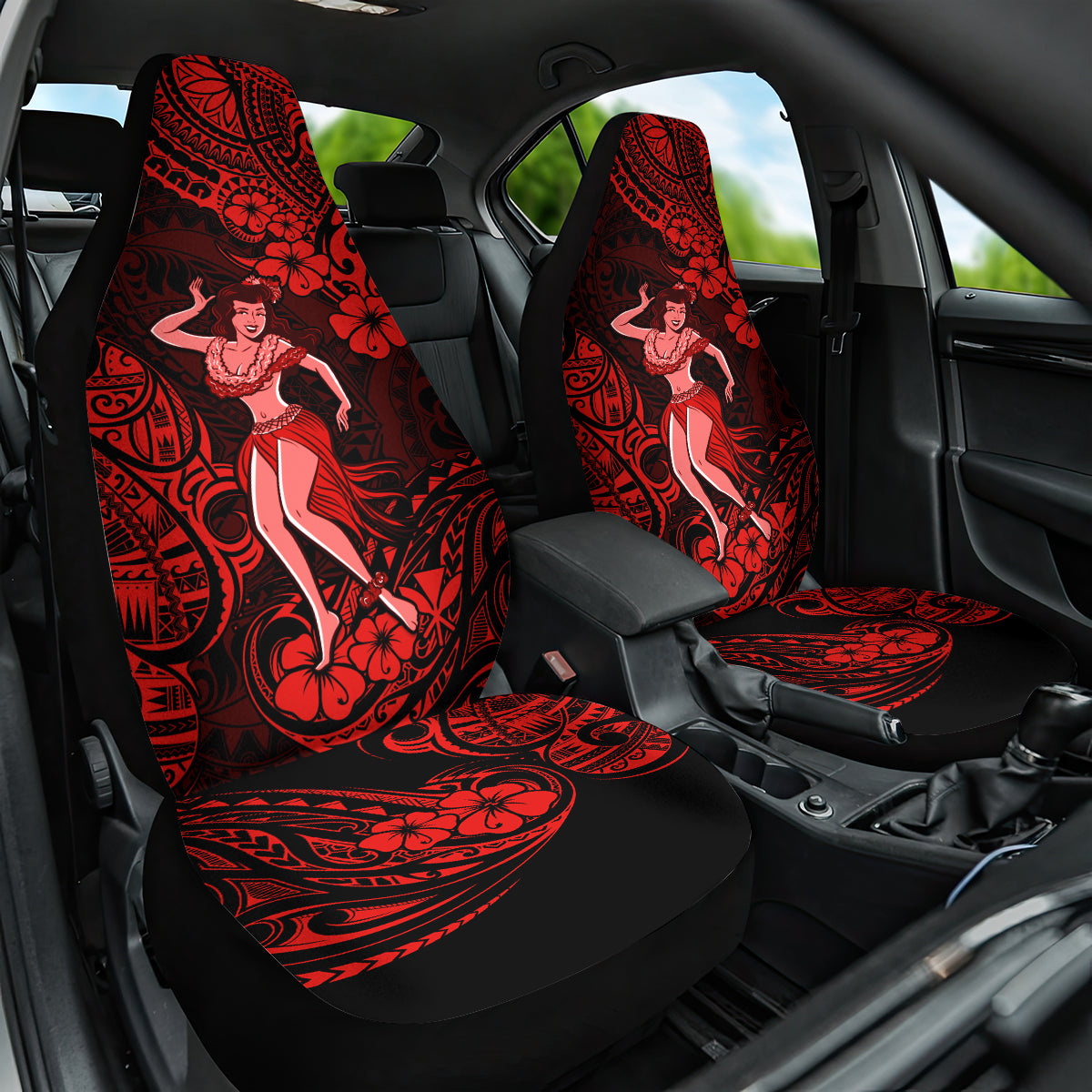 Hawaii Hula Girl Car Seat Cover Hibiscus Hawaii Tribal Tattoo Red Version LT01 One Size Red - Polynesian Pride