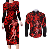 Hawaii Hula Girl Couples Matching Long Sleeve Bodycon Dress and Long Sleeve Button Shirts Hibiscus Hawaii Tribal Tattoo Red Version LT01 Red - Polynesian Pride