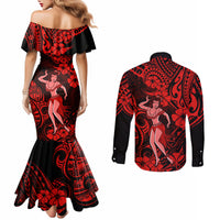 Hawaii Hula Girl Couples Matching Mermaid Dress and Long Sleeve Button Shirts Hibiscus Hawaii Tribal Tattoo Red Version LT01 - Polynesian Pride