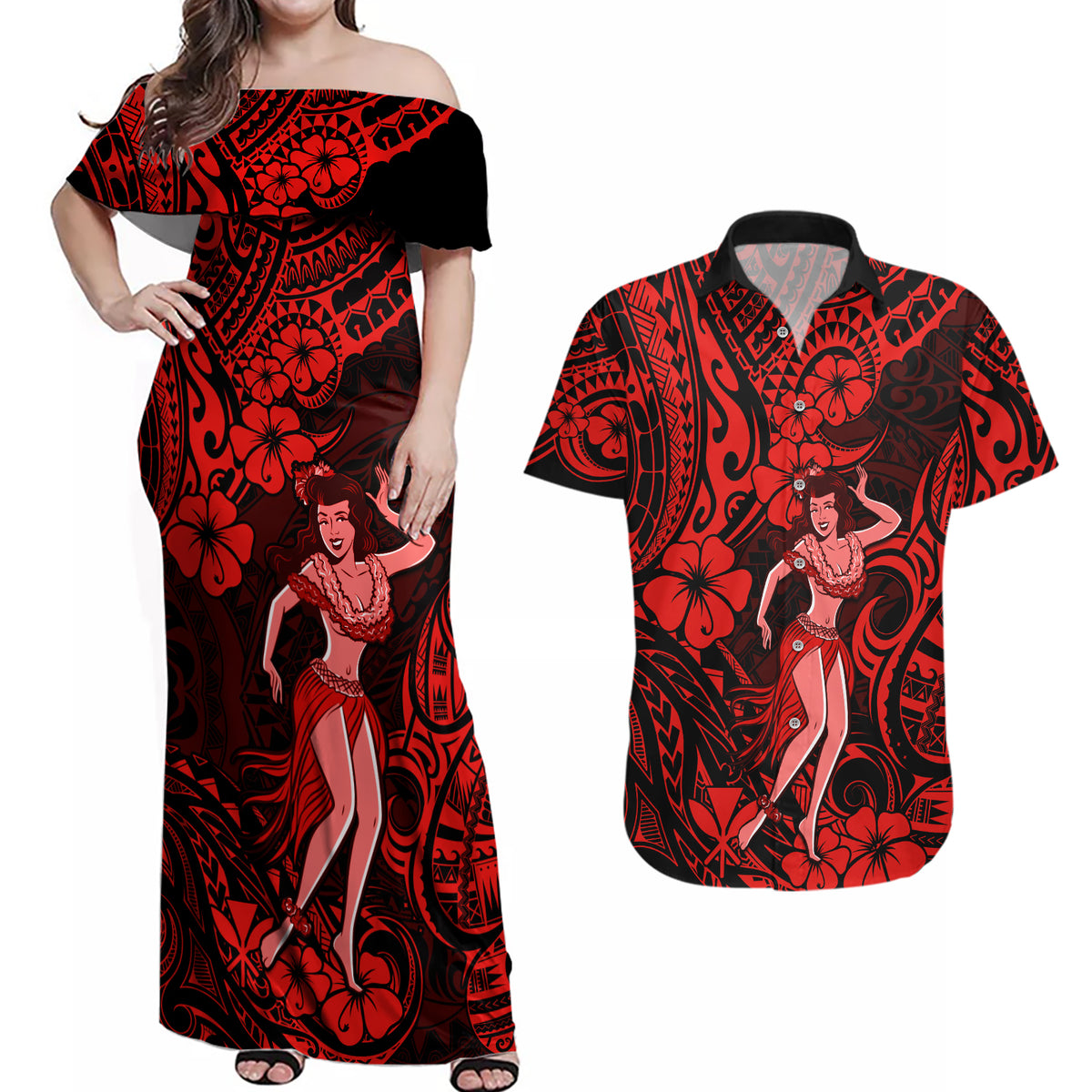 Hawaii Hula Girl Couples Matching Off Shoulder Maxi Dress and Hawaiian Shirt Hibiscus Hawaii Tribal Tattoo Red Version LT01 Red - Polynesian Pride