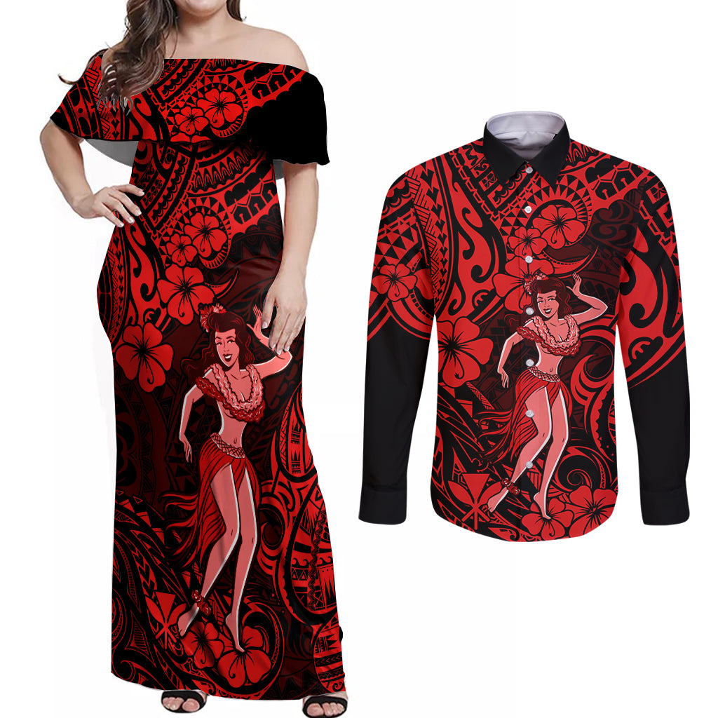 Hawaii Hula Girl Couples Matching Off Shoulder Maxi Dress and Long Sleeve Button Shirts Hibiscus Hawaii Tribal Tattoo Red Version LT01 Red - Polynesian Pride