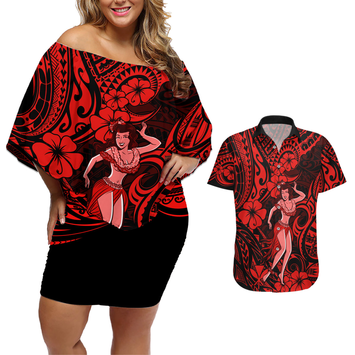 Hawaii Hula Girl Couples Matching Off Shoulder Short Dress and Hawaiian Shirt Hibiscus Hawaii Tribal Tattoo Red Version LT01 Red - Polynesian Pride