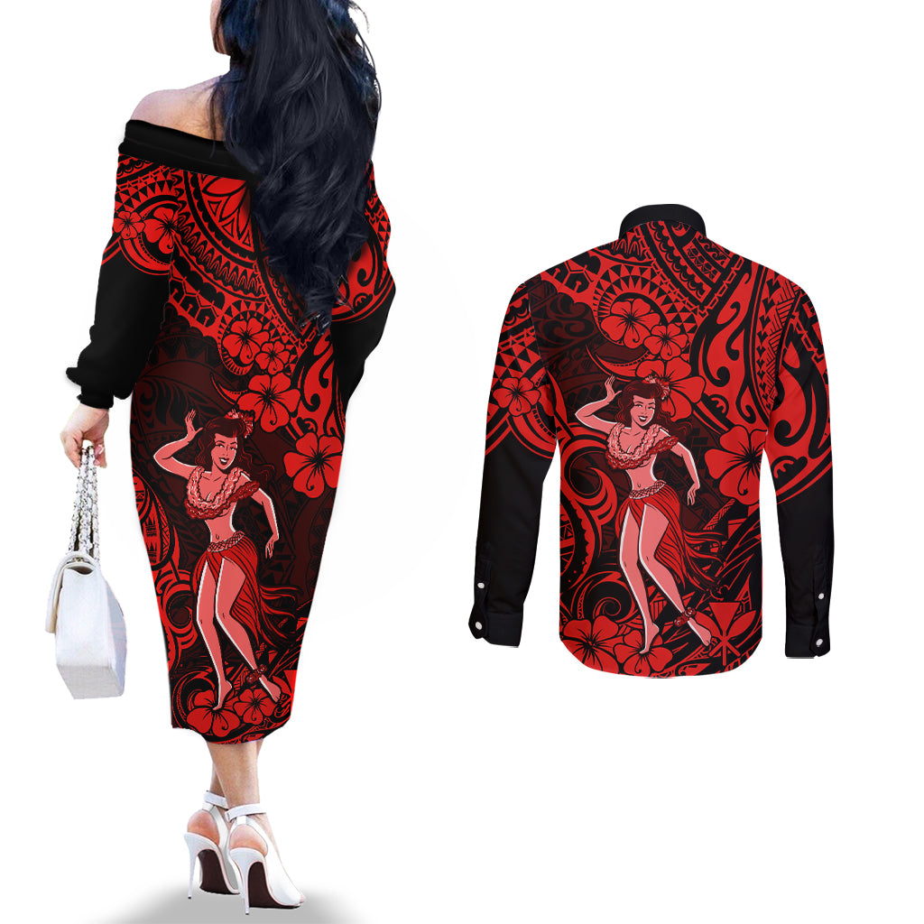 Hawaii Hula Girl Couples Matching Off The Shoulder Long Sleeve Dress and Long Sleeve Button Shirts Hibiscus Hawaii Tribal Tattoo Red Version LT01 - Polynesian Pride