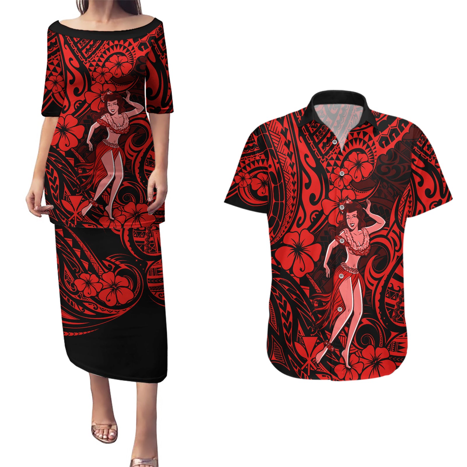 Hawaii Hula Girl Couples Matching Puletasi Dress and Hawaiian Shirt Hibiscus Hawaii Tribal Tattoo Red Version LT01 Red - Polynesian Pride