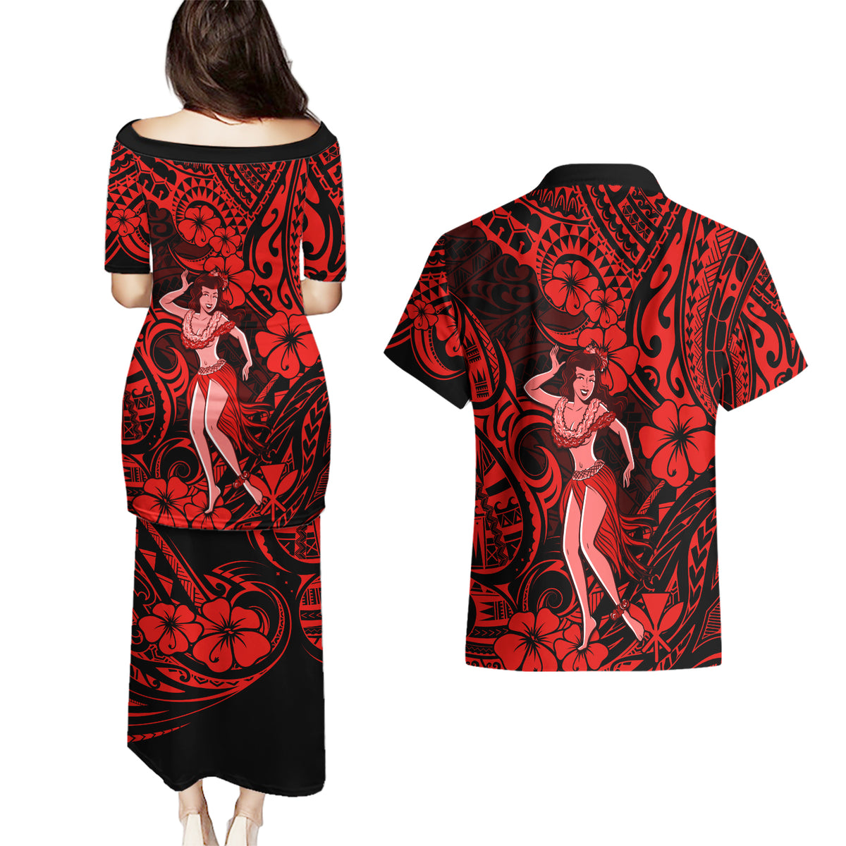 Hawaii Hula Girl Couples Matching Puletasi Dress and Hawaiian Shirt Hibiscus Hawaii Tribal Tattoo Red Version LT01 - Polynesian Pride