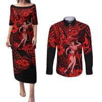 Hawaii Hula Girl Couples Matching Puletasi Dress and Long Sleeve Button Shirts Hibiscus Hawaii Tribal Tattoo Red Version LT01 Red - Polynesian Pride