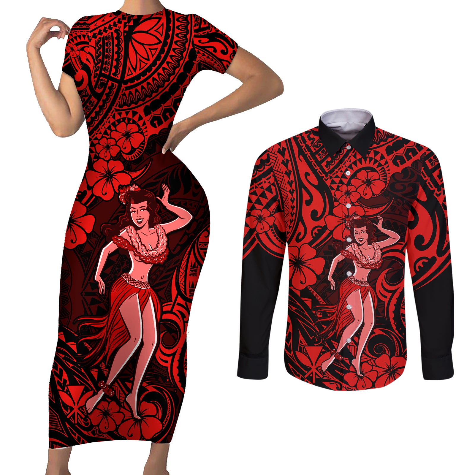 Hawaii Hula Girl Couples Matching Short Sleeve Bodycon Dress and Long Sleeve Button Shirts Hibiscus Hawaii Tribal Tattoo Red Version LT01 Red - Polynesian Pride