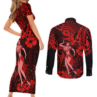 Hawaii Hula Girl Couples Matching Short Sleeve Bodycon Dress and Long Sleeve Button Shirts Hibiscus Hawaii Tribal Tattoo Red Version LT01 - Polynesian Pride