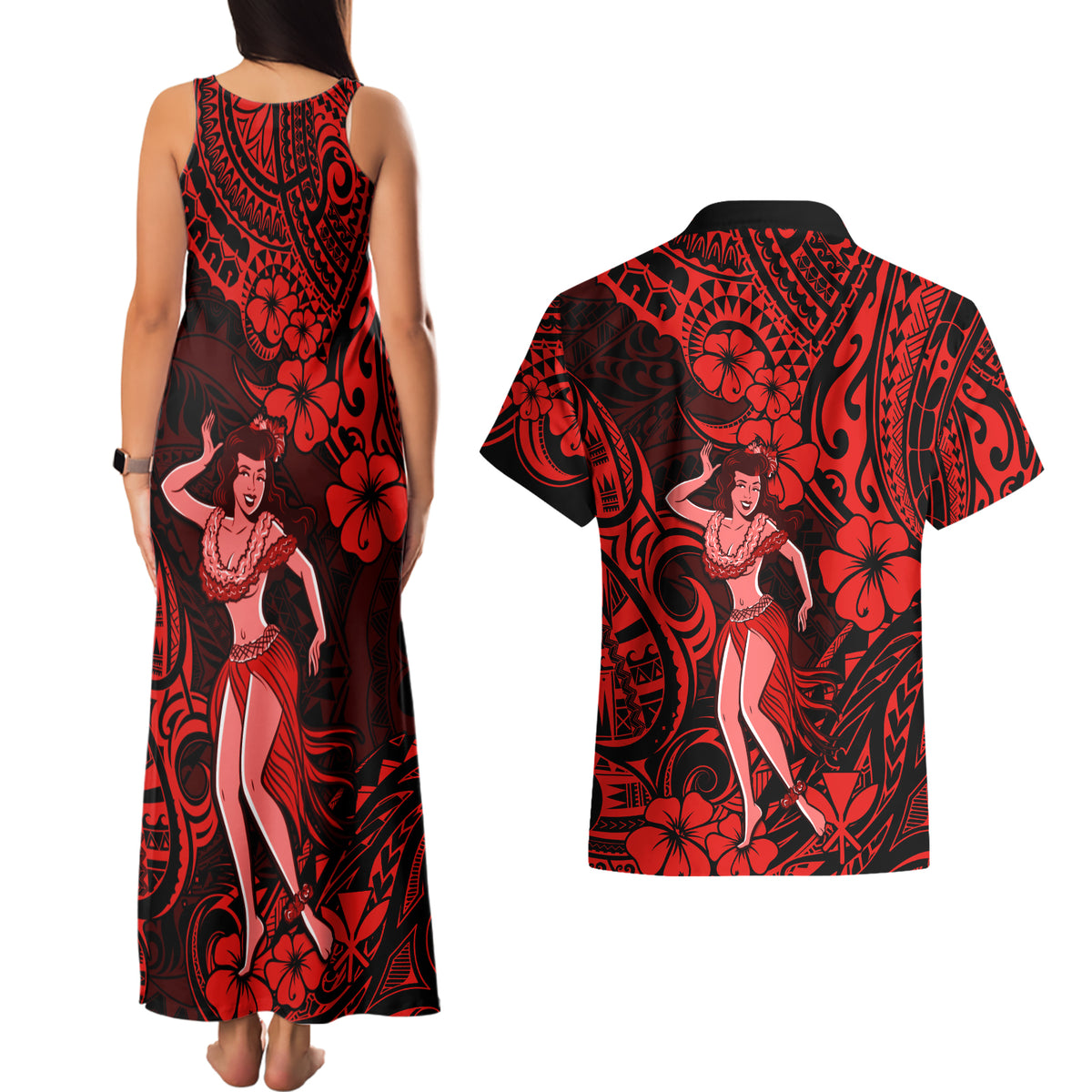 Hawaii Hula Girl Couples Matching Tank Maxi Dress and Hawaiian Shirt Hibiscus Hawaii Tribal Tattoo Red Version LT01 - Polynesian Pride