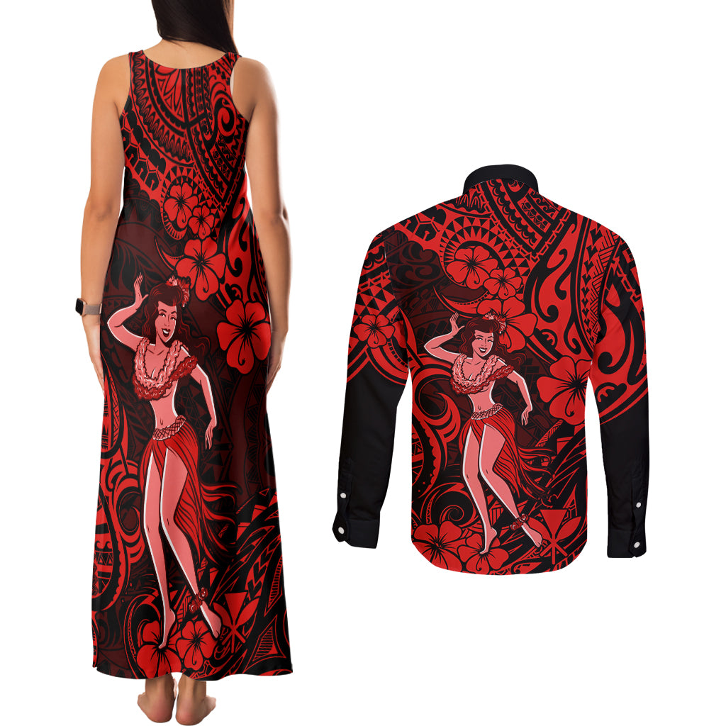 Hawaii Hula Girl Couples Matching Tank Maxi Dress and Long Sleeve Button Shirts Hibiscus Hawaii Tribal Tattoo Red Version LT01 - Polynesian Pride