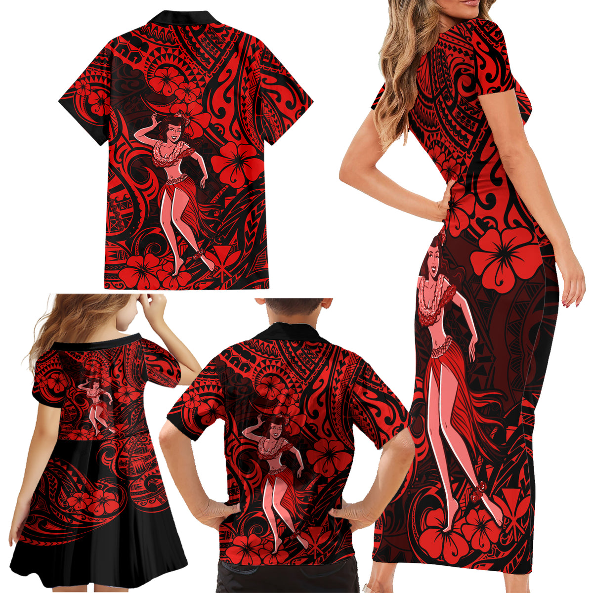 Hawaii Hula Girl Family Matching Short Sleeve Bodycon Dress and Hawaiian Shirt Hibiscus Hawaii Tribal Tattoo Red Version LT01 - Polynesian Pride