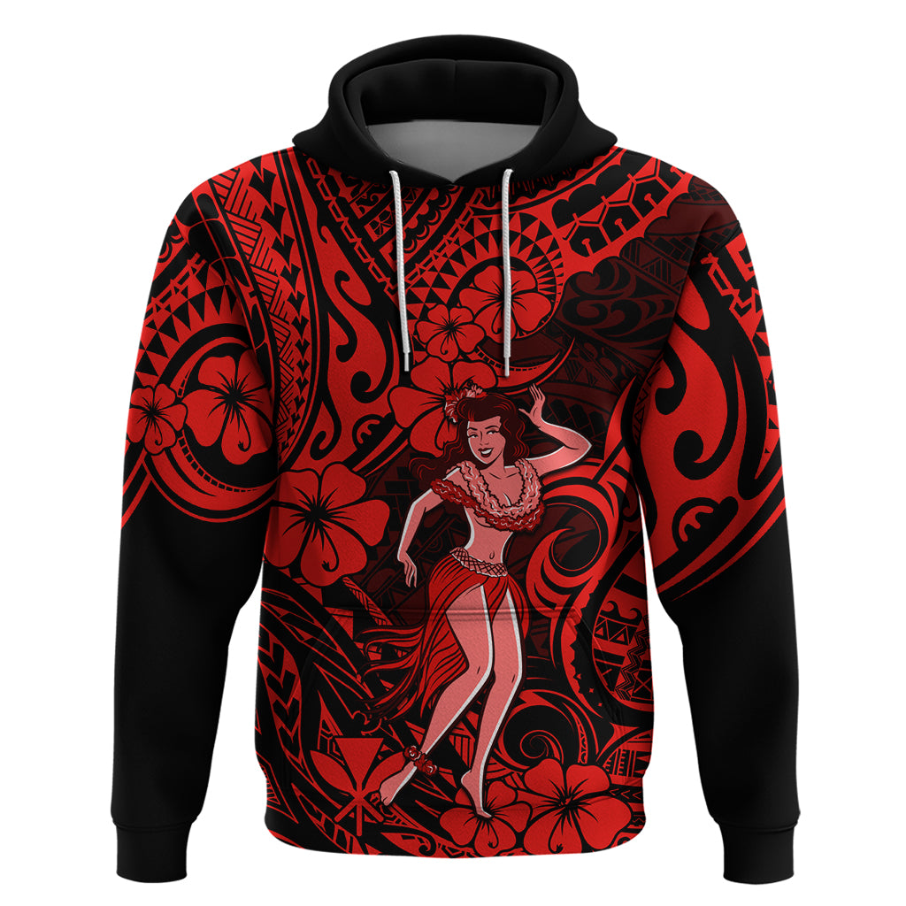 Hawaii Hula Girl Hoodie Hibiscus Hawaii Tribal Tattoo Red Version LT01 Pullover Hoodie Red - Polynesian Pride