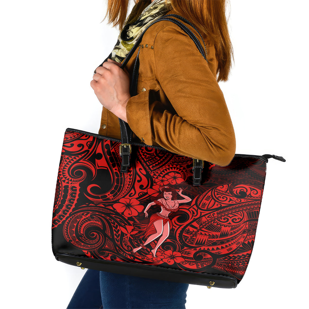 Hawaii Hula Girl Leather Tote Bag Hibiscus Hawaii Tribal Tattoo Red Version LT01 Red - Polynesian Pride