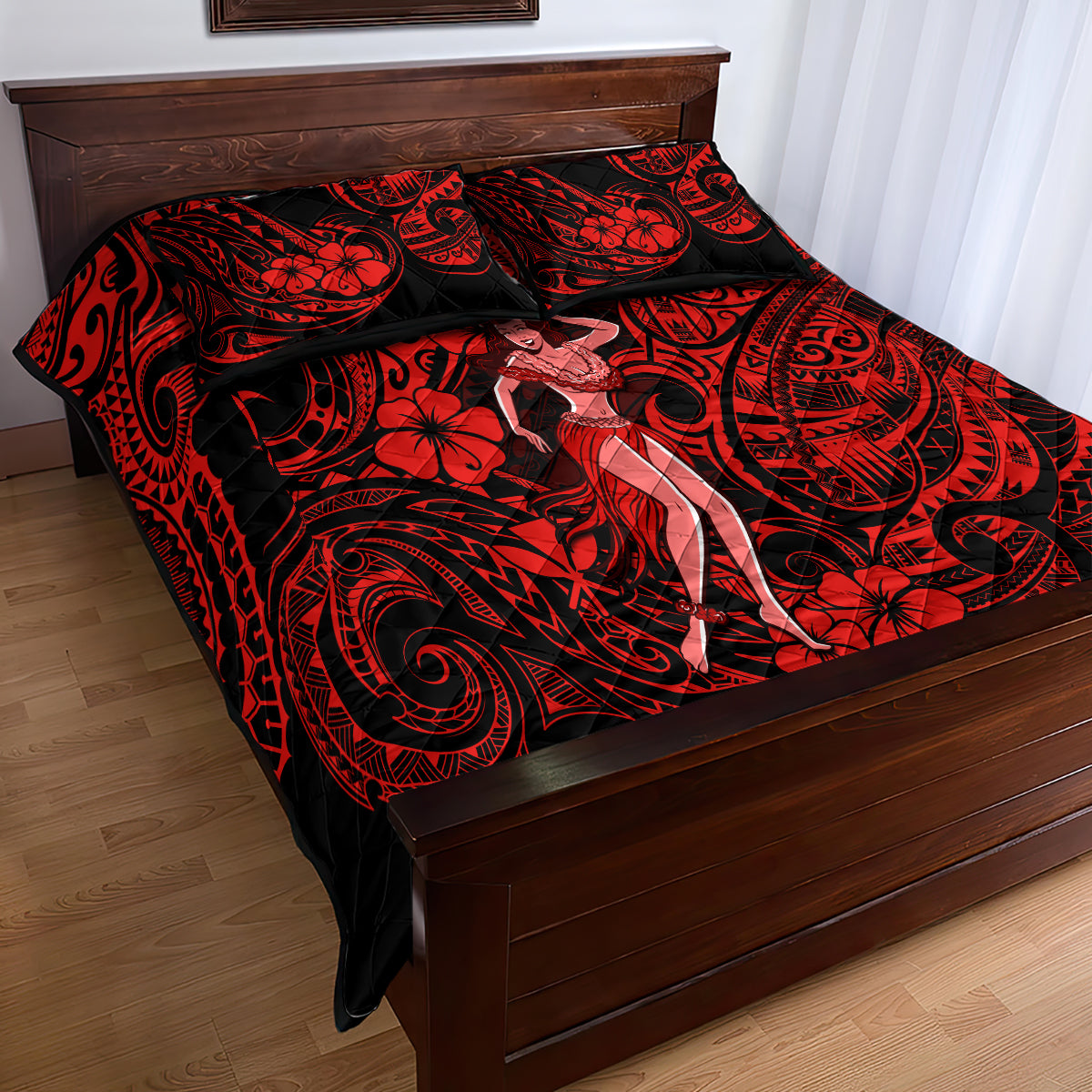 Hawaii Hula Girl Quilt Bed Set Hibiscus Hawaii Tribal Tattoo Red Version LT01 - Polynesian Pride