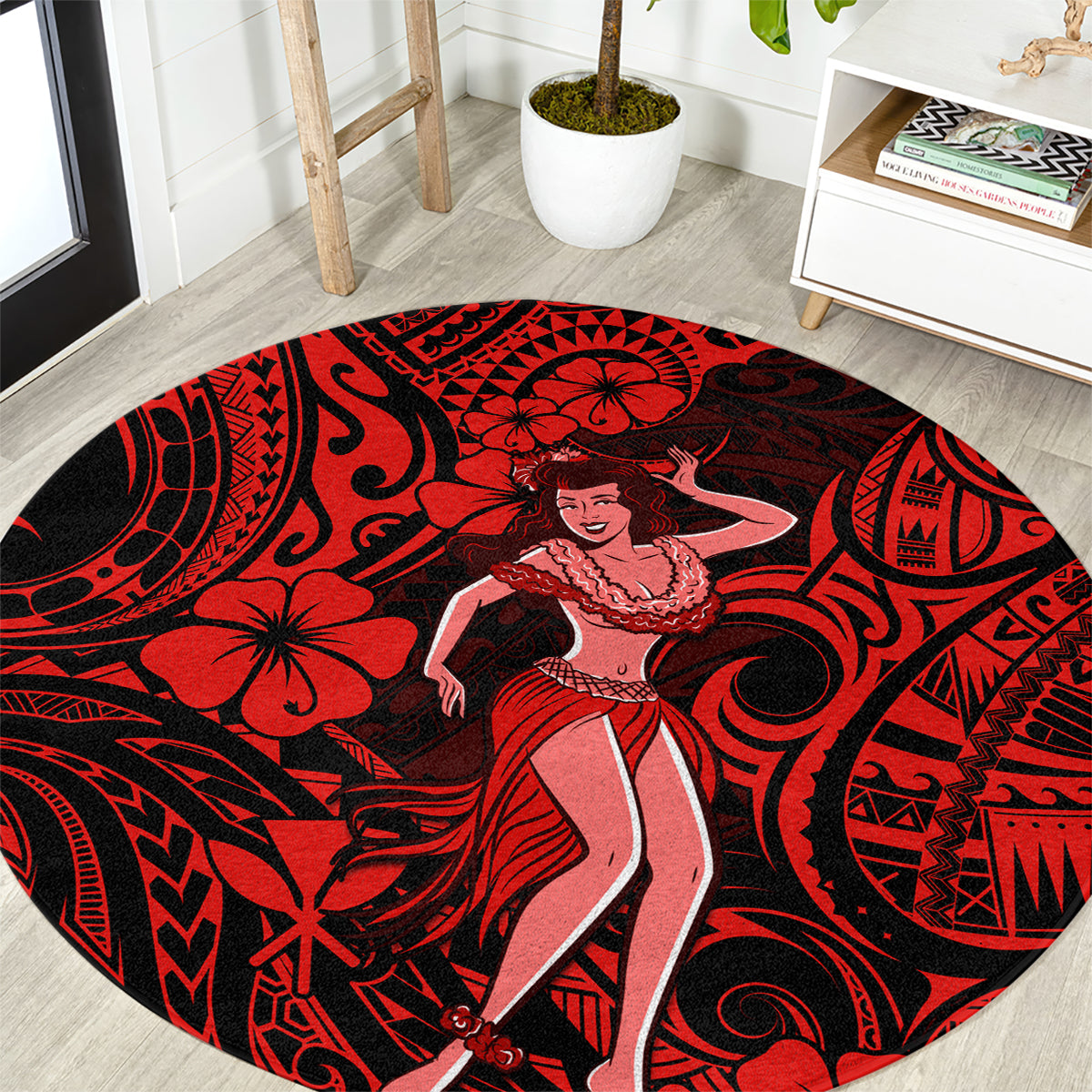 Hawaii Hula Girl Round Carpet Hibiscus Hawaii Tribal Tattoo Red Version LT01 Red - Polynesian Pride