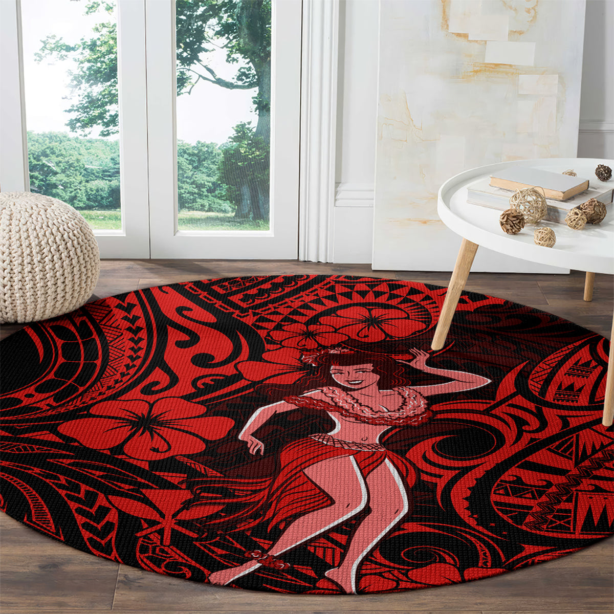 Hawaii Hula Girl Round Carpet Hibiscus Hawaii Tribal Tattoo Red Version LT01 - Polynesian Pride