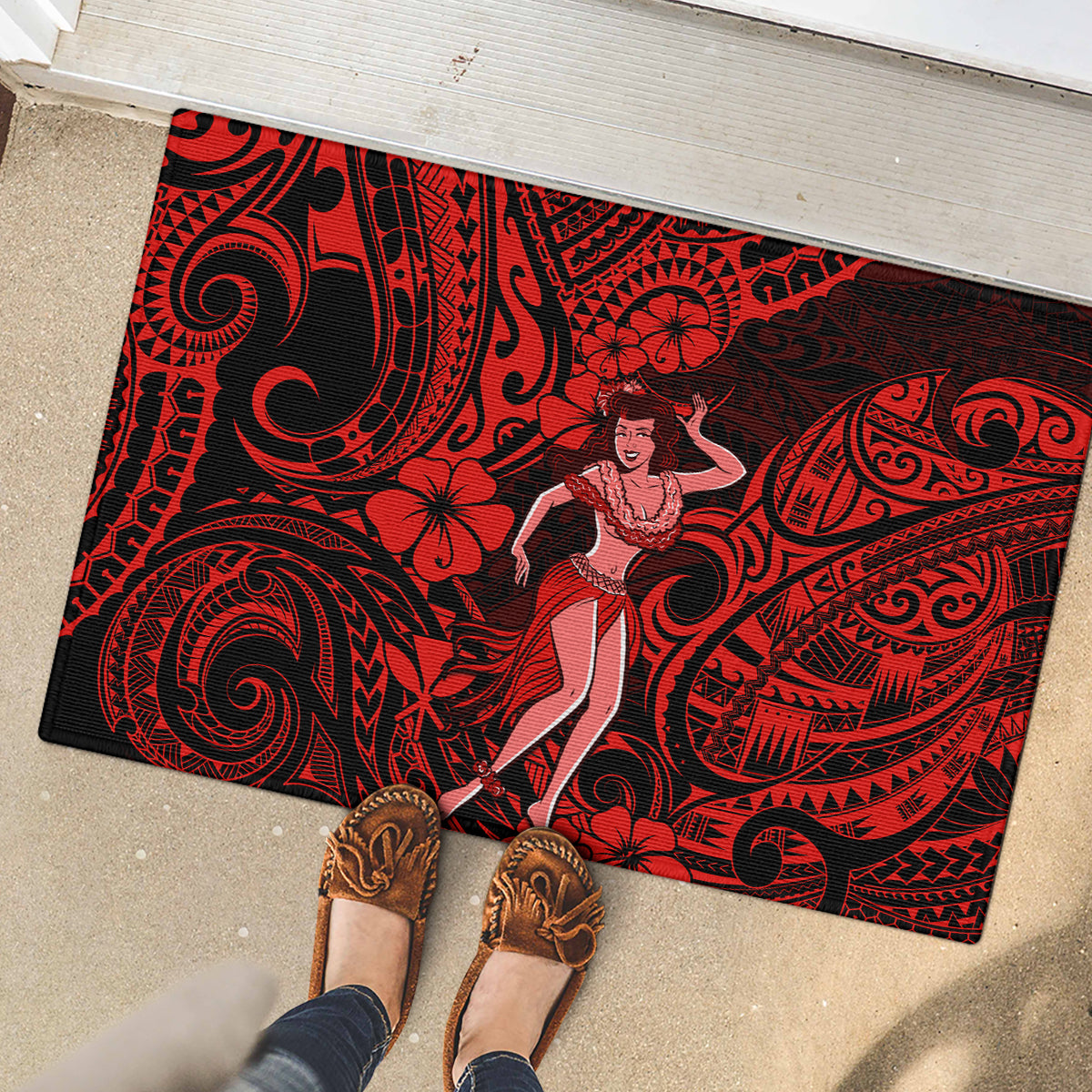 Hawaii Hula Girl Rubber Doormat Hibiscus Hawaii Tribal Tattoo Red Version LT01 - Polynesian Pride