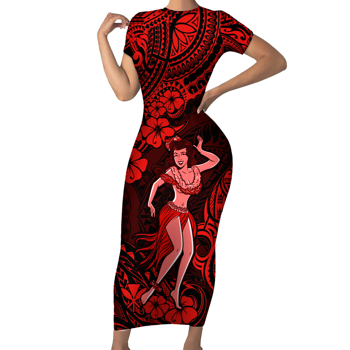 Hawaii Hula Girl Short Sleeve Bodycon Dress Hibiscus Hawaii Tribal Tattoo Red Version LT01 Long Dress Red - Polynesian Pride