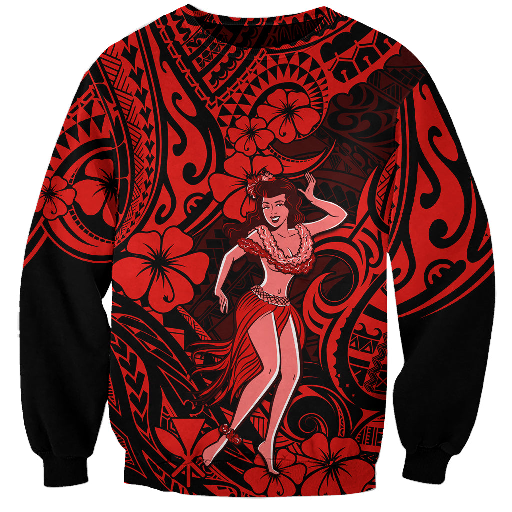 Hawaii Hula Girl Sweatshirt Hibiscus Hawaii Tribal Tattoo Red Version LT01 Unisex Red - Polynesian Pride