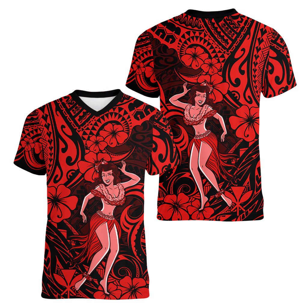 Hawaii Hula Girl Women V Neck T Shirt Hibiscus Hawaii Tribal Tattoo Red Version LT01 - Polynesian Pride