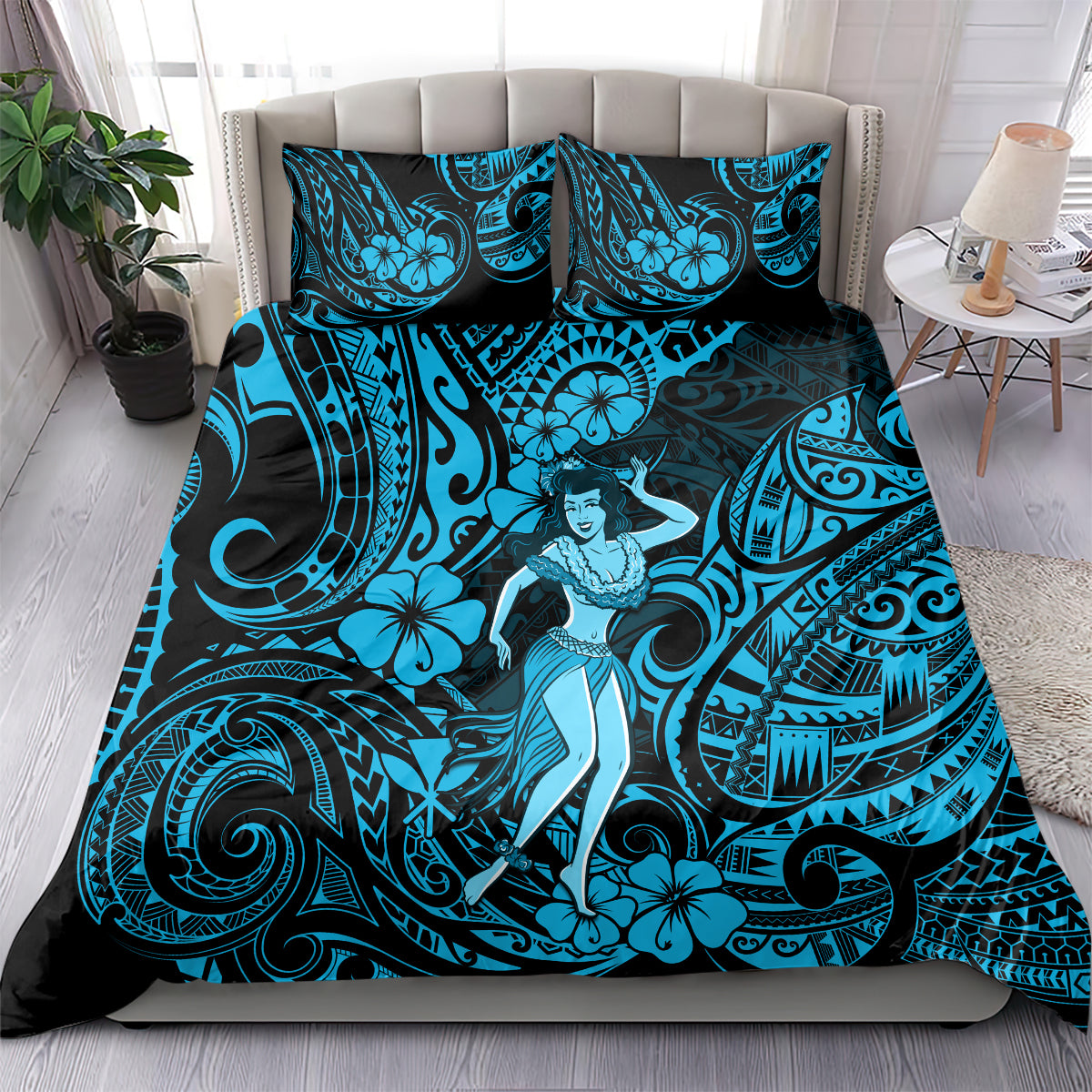 Hawaii Hula Girl Bedding Set Hibiscus Hawaii Tribal Tattoo Sky Blue Version LT01 - Polynesian Pride
