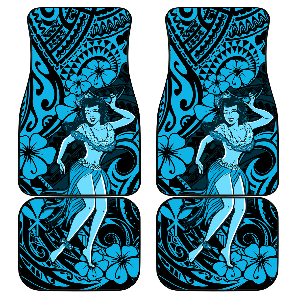 Hawaii Hula Girl Car Mats Hibiscus Hawaii Tribal Tattoo Sky Blue Version LT01 Blue - Polynesian Pride