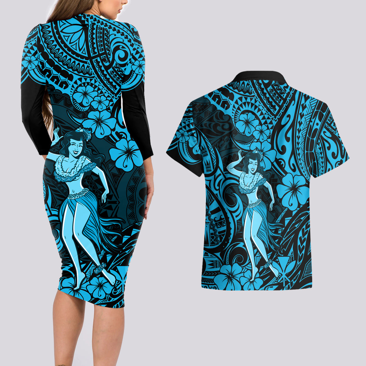 Hawaii Hula Girl Couples Matching Long Sleeve Bodycon Dress and Hawaiian Shirt Hibiscus Hawaii Tribal Tattoo Sky Blue Version LT01 - Polynesian Pride