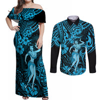 Hawaii Hula Girl Couples Matching Off Shoulder Maxi Dress and Long Sleeve Button Shirts Hibiscus Hawaii Tribal Tattoo Sky Blue Version LT01 Blue - Polynesian Pride